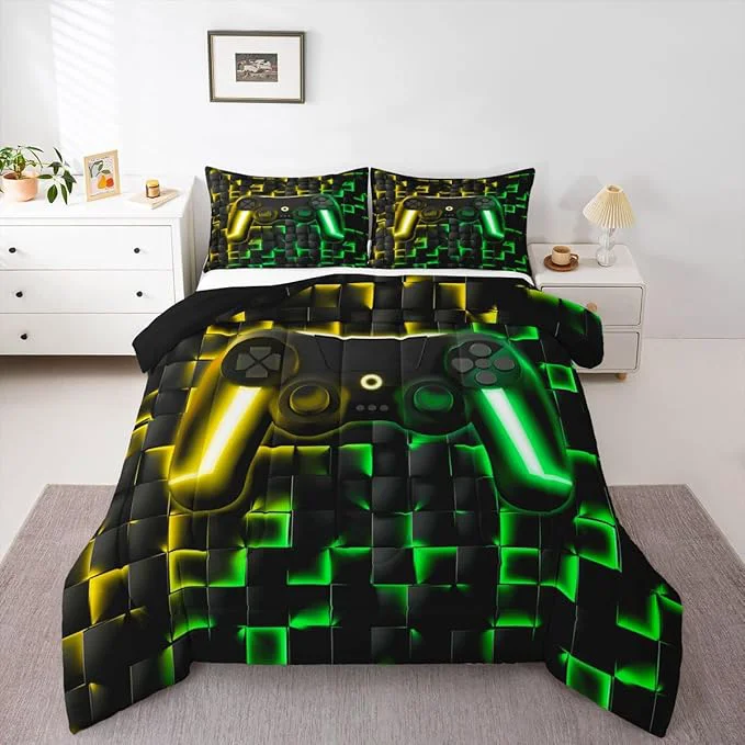 Pure Erosebridal Gaming Full Bedding Sets for Kids Boys Gamer Comforter Set 3D Neon Lights Ombre Geometric Checkered Gamepad Quilt Comforter Lightweight Gamer Bed Duvet Set for All Season Green Gold Durable