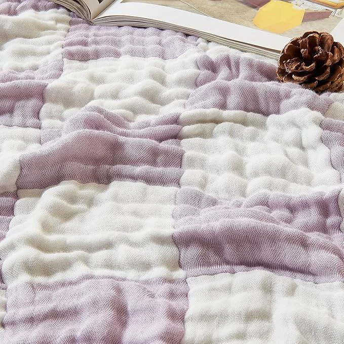 Consistent EMME Checkered Cotton Blanket Twin Large 60 quot x80 quot Muslin for Couch Breathable Cooling Gauze All Season Soft and Lightweight Lavender Easy-to-Use