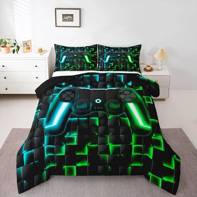 Premium Erosebridal Gaming Queen Comforter Set for Boys Kids Gamer Bedding Sets 3D Geometric Ombre Gamepad Bed Comforter Set for Teen Men Neon Lights Video Game Quilt Duvet Soft Lightweight for All Season Pure