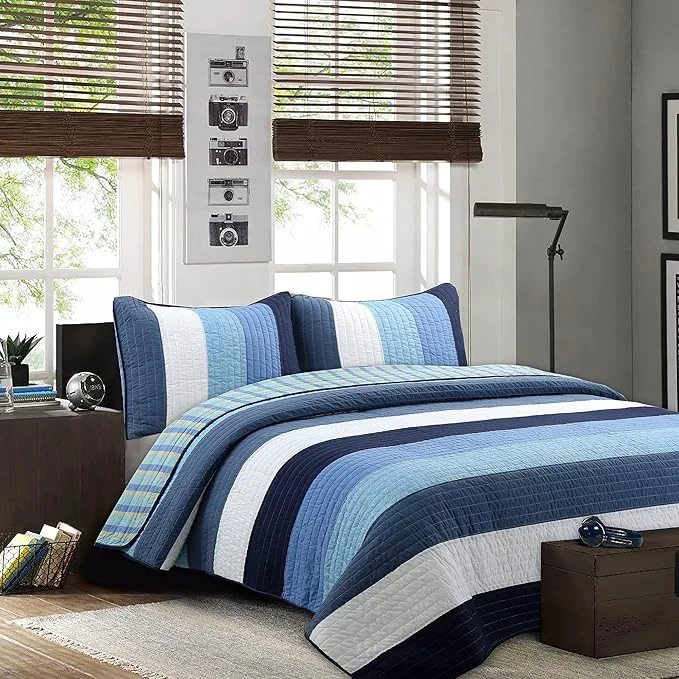Modern Cozy Line Home Fashions Navy Blue Striped Boy Cotton Reversible Quilt Bedding Set All-Season Coverlet Bedspread Preston Queen - 3 Piece Selected