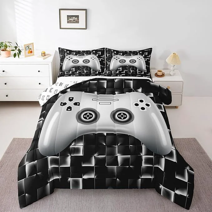 High-End Erosebridal Kids Gaming Bedding Sets for Boys Full Black White Gamer Comforter Set Geometric Checkered Game Console Bedding Set for Teen Youth Men 3D Video Game Gamepad Quilt Duvet 3 Piece Fast
