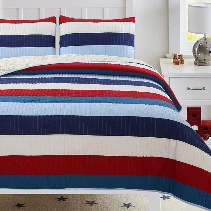Traditional Cozy Line Home Fashions Aaron Bedding Quilt Set Nautical Navy Blue Red Off-White Striped Cotton Reversible Coverlet Bedspread Bedding Set National Stripe Queen - 3 Piece Lightweight