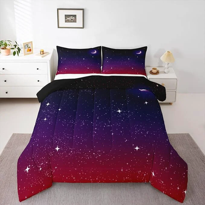 Top-Quality Purple Galaxy Comforter Full Size Moon Star Comforter Set Night Starry Sky Bedding Sets Reversible Space Nebula Cosmos Aesthetic Down Comforter for Kids Adults With 1 Comforter and 2 Pillow Cases Lightweight