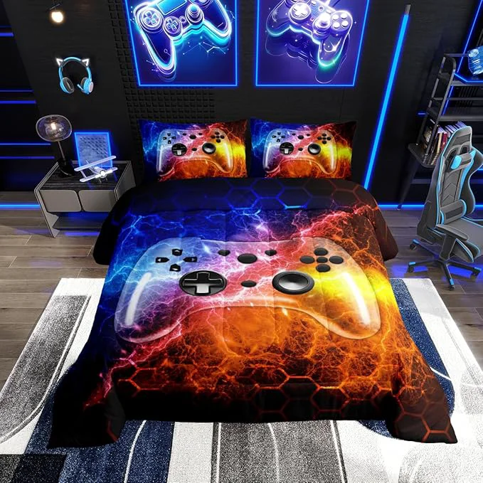 Verified Erosebridal Boys King Size Bedding Set for Teen Boy Game Comforter Kids Chid Honeycomb Games Bedding with Gamepad Room Decor Gamer Gaming for Mens Lighting Viedo Game Quilt with 3 Pcs Safe