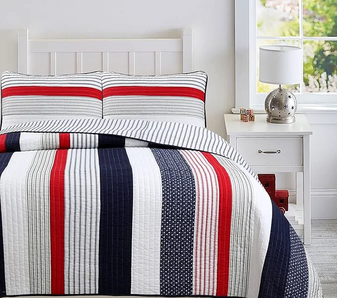 Comfortable Cozy Line Home Fashions Cotton Sailor Navy Blue Star Striped Reversible Bedding Quilt Set Patriotic Stripe Twin Smooth