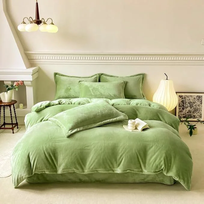 Recyclable Luxlovery Sage Green Velvet Comforter Set Full Size Dusty Green Plush 3 Piece Bedding Sets Full Fluffy Comfy Soft Quilted Lightweight Durable Bedding Set with 2 Pillowcases Women Men Adults Teens Sophisticated