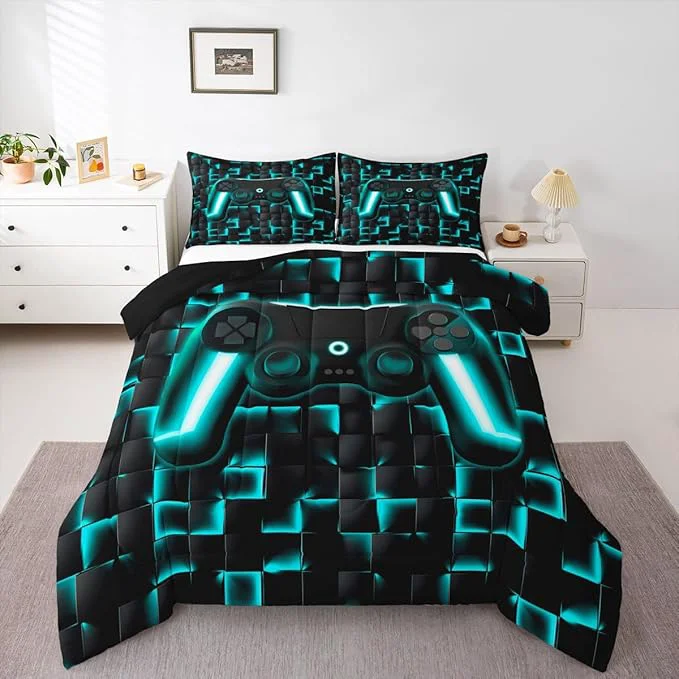 Innovative Erosebridal Gaming Bedding Set Twin Comforter Set for Boys Kids Geometric Gamer Bedding Sets Teal Black Ombre Checkered Gamepad Quilt Duvet Neon Game Console Bed Cmforter Set 2 Pcs Organic