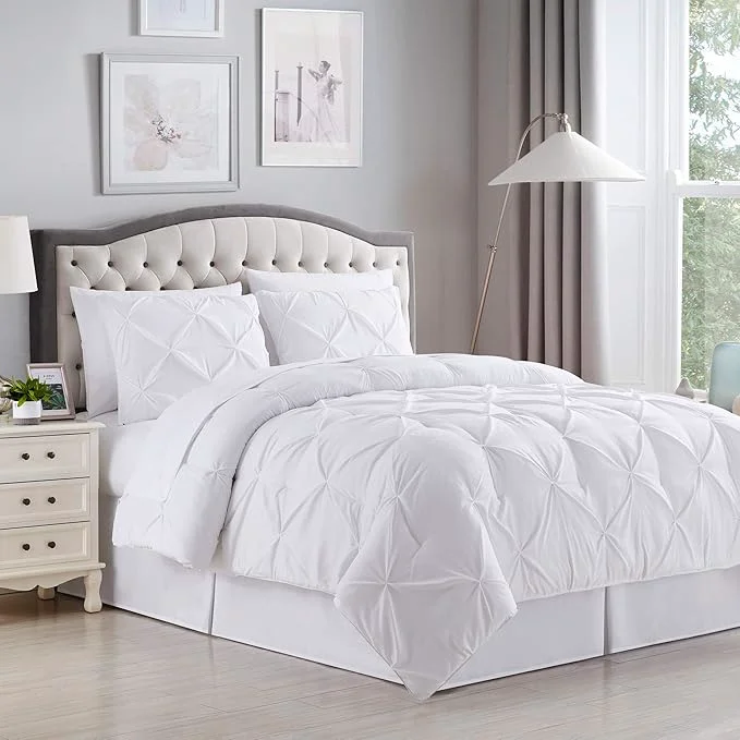 Fine Crafted King Size Comforter Set 8 Piece Bed in a Bag with Bed Skirt Fitted Sheet Flat Sheet 2 Pillowcases 2 Pillow Shams King Pintuck White Smooth
