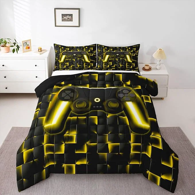 Genuine Erosebridal Geometric Gamepad Bed Comforter Set Gaming Bedding Sets Gamer Comforter Sets King Size for Kids Boys Teen Black Gold Neon Lights Game Console Quilt Duvet 1 Comforter with 2 Pillow Cases First-Class
