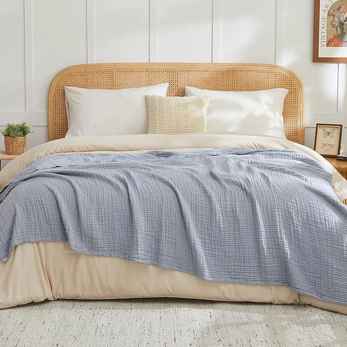 Effective EMME Cotton Muslin King Blanket Big Oversized Bed Layering Bedspread Coverlet Breathable Gauze Soft Lightweight Blankets Dusty Blue 120 quot x94 quot Selected