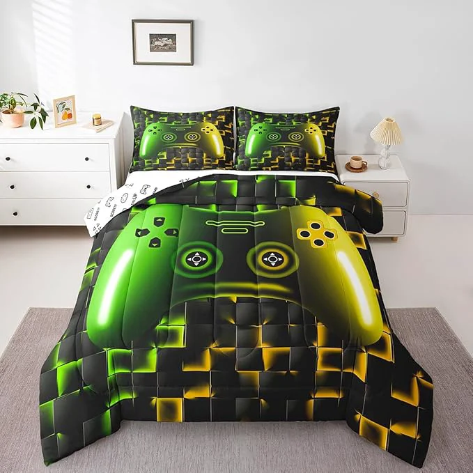 Quality Erosebridal Gamer Comforter Sets for Boys King Size Bedding Sets for Boys Girls Kids 3D Gaming Geometric Comforter Game Console Lightweight Microfiber Duvet Quilt Neon Yellow Black Green Glowing Premium