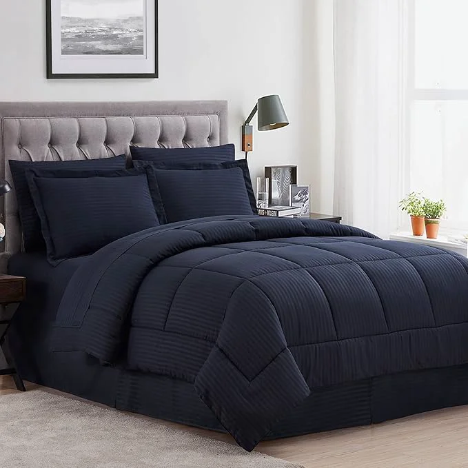Organic Sweet Home Collection 6 Piece Bed in a Bag with Dobby Stripe Comforter Sheet Skirt and Sham Set Twin Navy 6 Case Pack Pack of 4 24 Count Total Safe