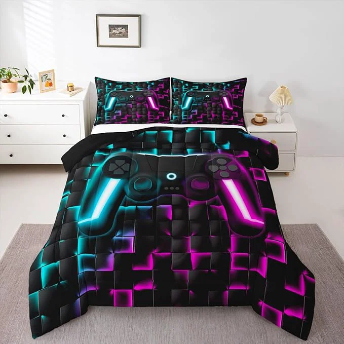 Stylish Erosebridal Boys Gamer Comforter Set Gaming Full Size Bedding Sets for Kids Boys Teen Men Neon Lights Ombre Checkered Video Games Bed Comforter Set 3D Geometric Game Console Quilt Blue Purple Unique