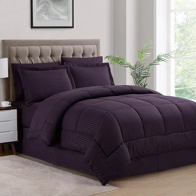 Expertly Made Queen Comforter Set 8 Piece Bed in a Bag with Bed Skirt Fitted Sheet Flat Sheet 2 Pillowcases 2 Pillow Shams Queen Dobby Purple Reliable
