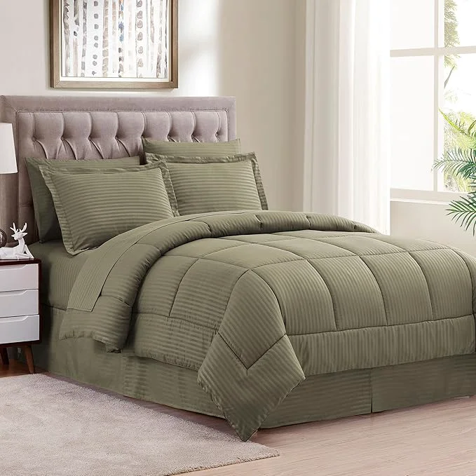 Advanced Sweet Home Collection 8 Piece Comforter Set Bag with Dobby Stripe Design Bed Fitted 1 Flat Sheet 2 Pillowcases 2 Shams King Sage Case Pack Pack of 3 World-Class