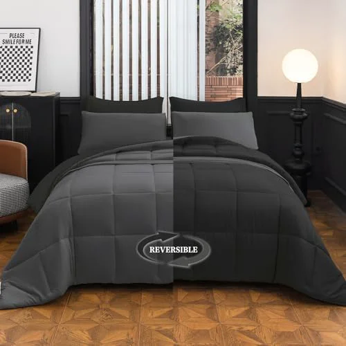 Elegant Twin XL Comforter Set - 7-Piece Black All-Season Bedding with Ultra Soft Reversible Lightweight Comforter Bed Skirt Flat Sheets Pillowcases amp Pillow Shams Premium Material