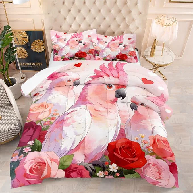 Environmentally Friendly Women Girls Romantic Parrot Comforter Set Twin Size 2-Piece Pink Roses Comforter Sets 1 Comforter 68 quot x 90 quot 1 Pillowcase Soft Microfiber Official