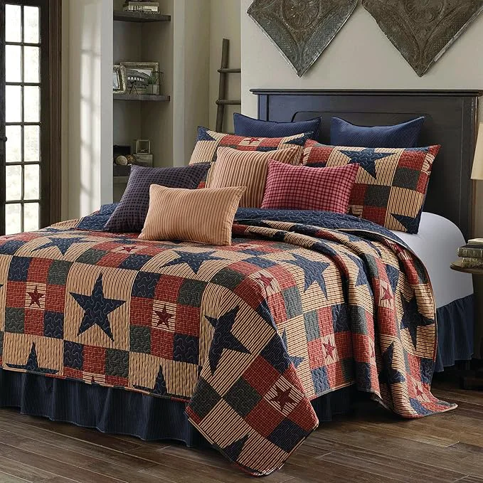 Secure Virah Bella 3 Piece King Cabin Quilt Bedding Set - Mountain Cabin Blue - Rustic Country Reversible Patchwork Comforter Set with Decorative Pillow Shams Blue Tan Excellent