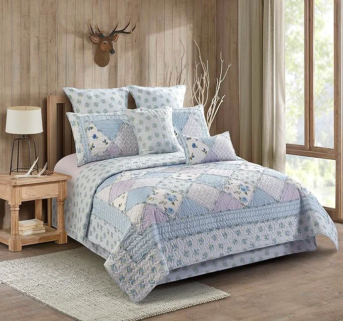 Enhanced Virah Bella 3 Piece King Lodge Quilt Bedding Set - Rustic Country Reversible Comforter Set with Decorative Pillow Shams - Garden of Blues Certified