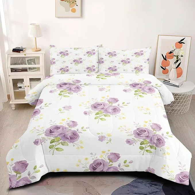 Enhanced Women Girls Purple White Flowers Comforter Set Queen Size 3Pcs Vintage Roses Bedding Sets for Girls Room Decor Washed Microfiber Includes 1 Comforter 90 quot x90 quot and 2 Pillowcases Sustainable