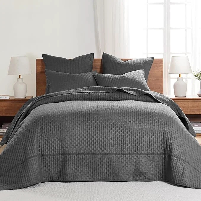 Sustainable Levtex Home Cross Stitch Reversible Full Bedspread Set 100x104in with 2 Pillow Shams 26x20in - Stitch Texture - Charcoal - Cotton Full Size Bedspread Set - Lightweight Soft Pre-Washed Functional
