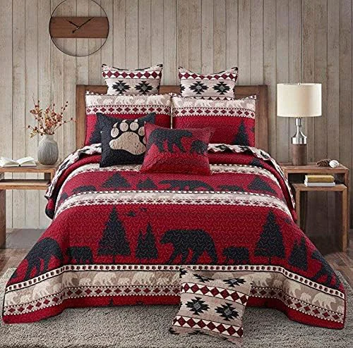 Modern Virah Bella 3 Piece Full Queen Cabin Quilt Bedding Set - Creekside Bear - Rustic Country Reversible Patchwork Comforter Set with Decorative Pillow Shams High-Quality