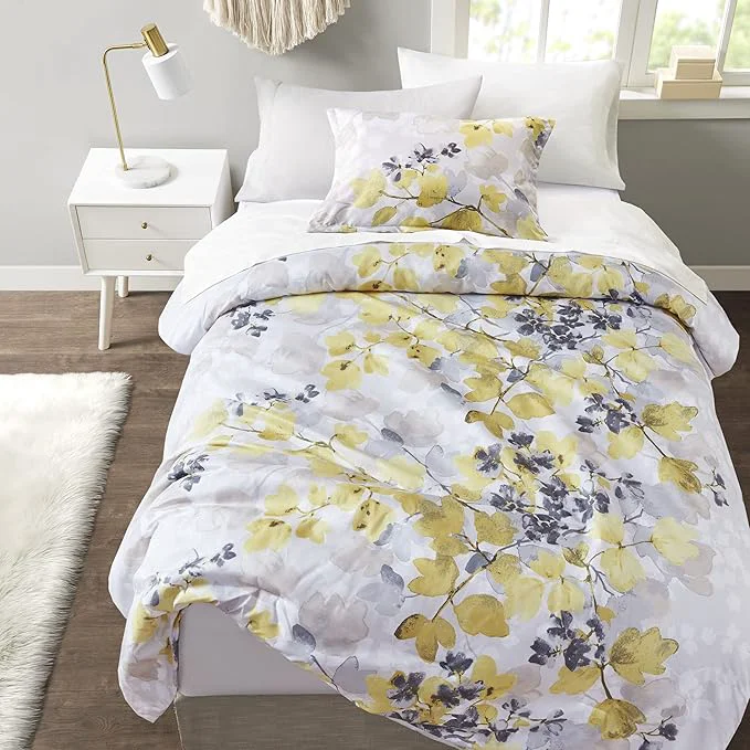 Breathable Madison Park Bed in A Bag - Trendy Casual Design Cozy Comforter with Complete Sheet Set with Side Pocket All Season Cover Matching Shams Twin XL Alexis Leaf Yellow 6 Piece Soft