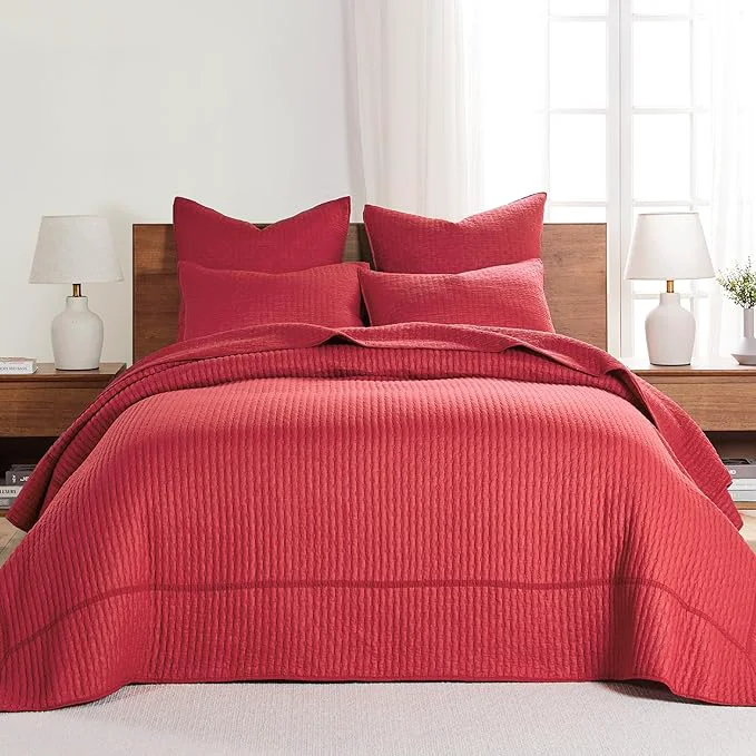 Quality Levtex Home Cross Stitch Reversible Queen Bedspread Set 104x106in with 2 Pillow Shams 26x20in - Stitch Texture - Chile Red - Cotton Queen Size Bedspread Set - Lightweight Soft Pre-Washed Pure