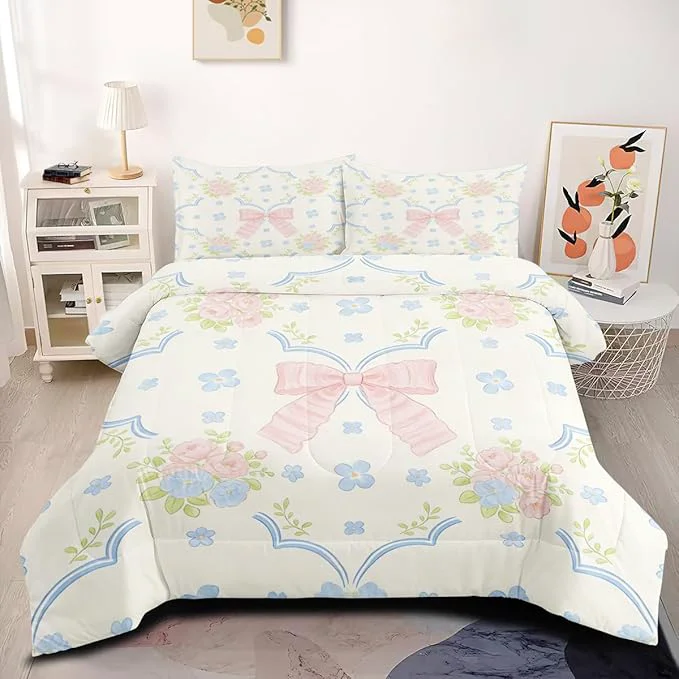 High-End Teens Girls Pink Bows Bedding Set 3Pcs Full Size Cute Pink Blue Floral Comforter Set for Women Room Decor 1 Comforter 79 quot x 90 quot and 2 Pillowcases Natural