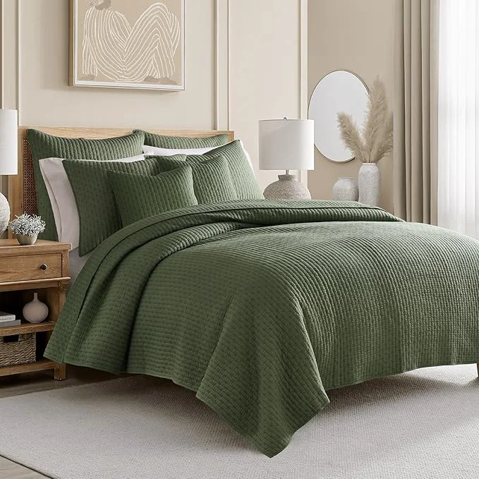 Easy-to-Use Levtex Home Cross Stitch Reversible King Cal King Quilt Set 106x92in and 2 Pillow Shams 36x20in - Stitch Texture - Forest Green - Cotton King Size Quilt Bedding Set - Lightweight Soft Pre-Washed Pure