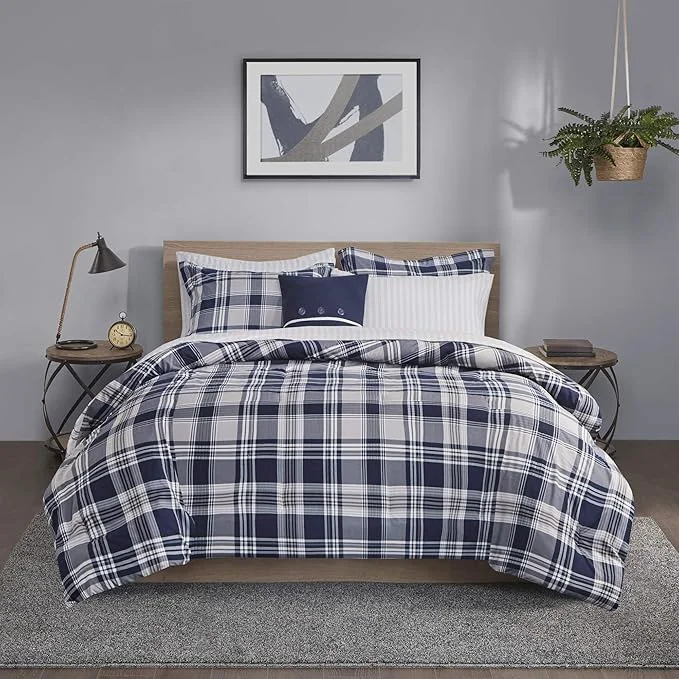 Breathable Madison Park Essentials Cozy Bed in A Bag - Reversible Comforter with Complete Sheet Set Casual Plaid Cabin Design All Season Cover Decorative Pillow Patrick Plaid Navy King 104 quot x92 quot 8 Piece Relaxed