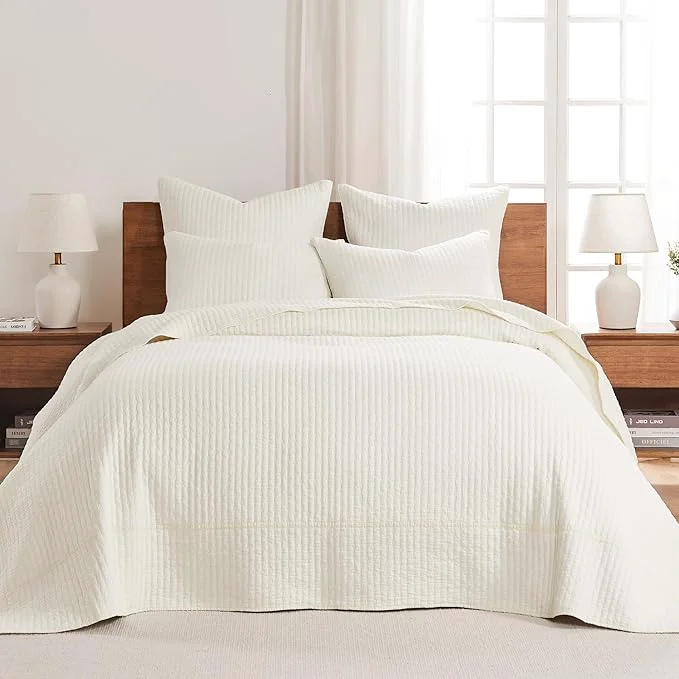 Consistent Levtex Home Cross Stitch Reversible King Bedspread Set 120x104in with 2 Pillow Shams 36x20in - Stitch Texture - Cream - Cotton King Size Bedspread Set - Soft Pre-Washed Modern