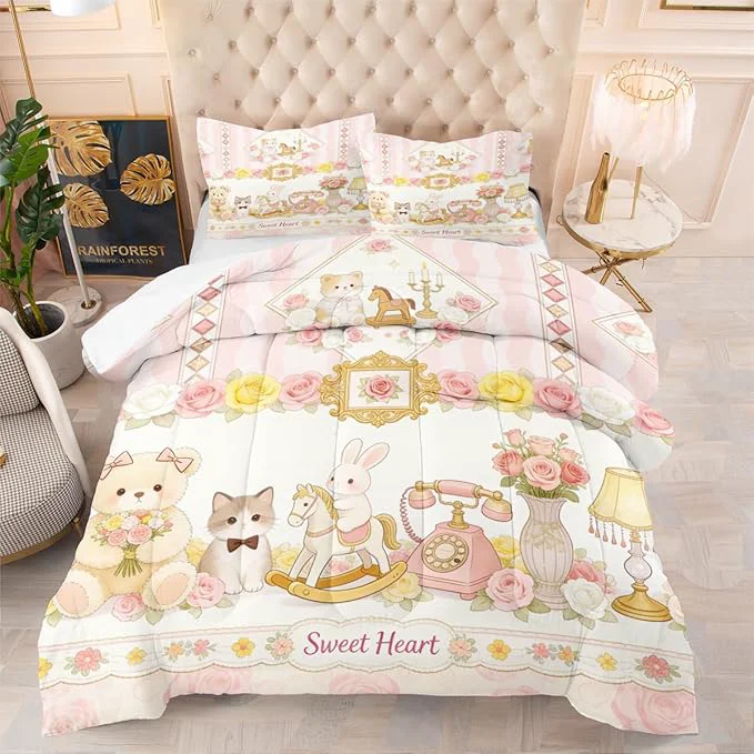 Secure Women 3-Piece Cartoon Pink Bunny Comforter Set Girls Sweet Home Bedding Sets King Size Pink Flowers Bedding Sets Includes 1 Comforter 104 quot x90 quot and 2 Pillowcases Eco-Friendly