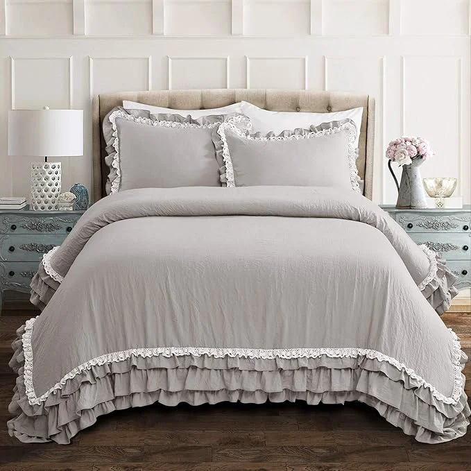 Quality Lush Decor Ella Ruffle Lace Comforter 3 Piece Set King Light Gray - Cute Comforter - King Bedding Set - Gray Bedding - Coquette Decor - Ruffle Trim - Lace Trim Clean