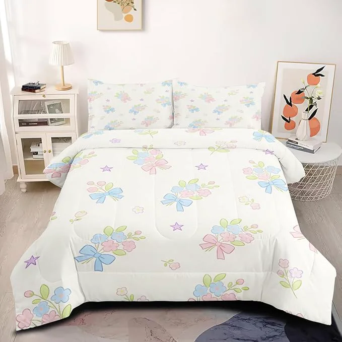 Classic 3Pcs Girls Kids White Pink Botanical Flowers Bedding Set Blue Cartoon Bows Comforter Set Queen Size Bed Set for Girls Bedroom Decor with Comforter 90 quot x 90 quot and 2 Pillowcases Fashionable