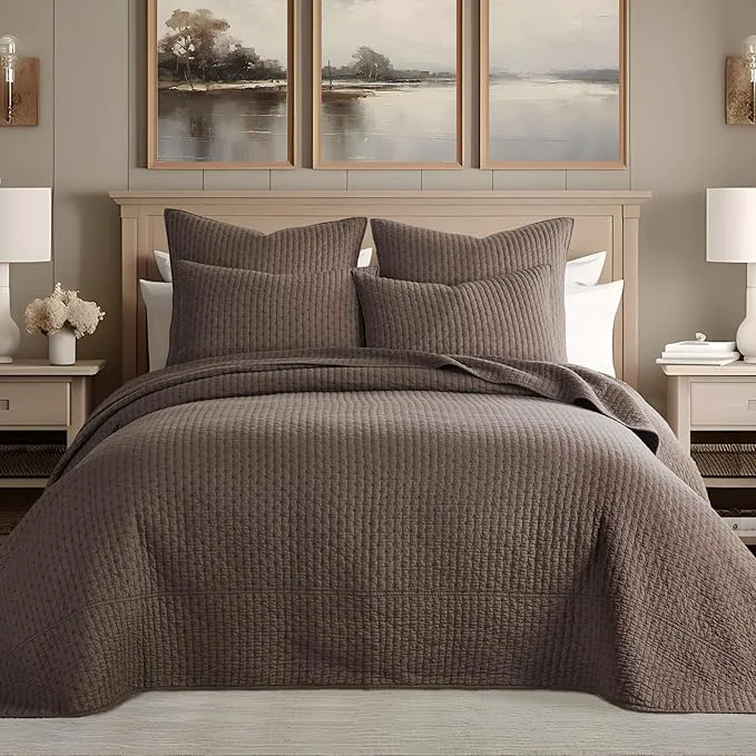 Smooth Levtex Home Cross Stitch Reversible Twin Bedspread Set 84x104in with 1 Pillow Sham 26x20in - Stitch Texture - Cocoa - Cotton Twin Size Bedspread Set - Lightweight Soft Pre-Washed Comfortable