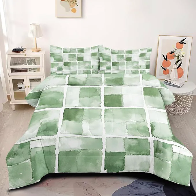 Official Geometric Checkered Plaids Patchwork Bedding Set King Size 3Pcs Green Tie Dye Comforter Set for Girls Women Bedroom Decor Includes Comforter 104 quot x 90 quot and 2 Pillowcases All Season High-Grade