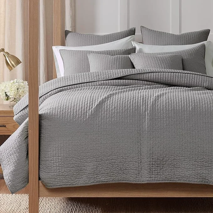 High-End Levtex Home Cross Stitch Reversible Full Queen Quilt Set 88x92in and 2 Pillow Shams 26x20in - Stitch Texture - Light Grey - Cotton Full Queen Size Quilt Bedding Set - Lightweight Soft Pre-Washed Dependable