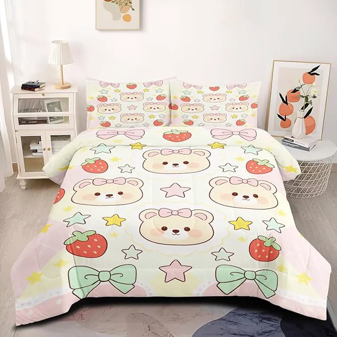 Quality 3Pcs Girls Kids Cartoon Yellow Bears Comforter Set Star Strawberry Pattern Bedding Set King Size for All Seasons 1 Comforter 104 quot x 90 quot 2 Pillowcases Next-Generation