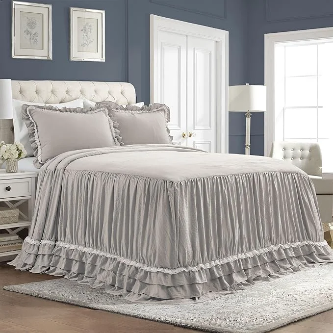 First-Class Lush Decor Ella Vintage Chic Ruffle Lace Bedspread Light Gray Farmhouse Style Lightweight 3 Piece Set King