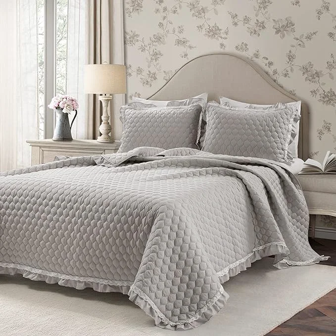 Effective Lush Decor Ella Ruffle Lace Quilt 3 Piece Set King Light Gray - Cute Quilt - King Bedding Set - Gray Bedding - Coquette Decor - Ruffle Trim - Lace Trim Recyclable