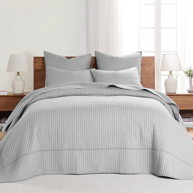 Easy-to-Use Levtex Home Cross Stitch Reversible Queen Bedspread Set 104x106in with 2 Pillow Shams 26x20in - Stitch Texture - Light Grey - Cotton Queen Size Bedspread Set - Lightweight Soft Pre-Washed Contemporary