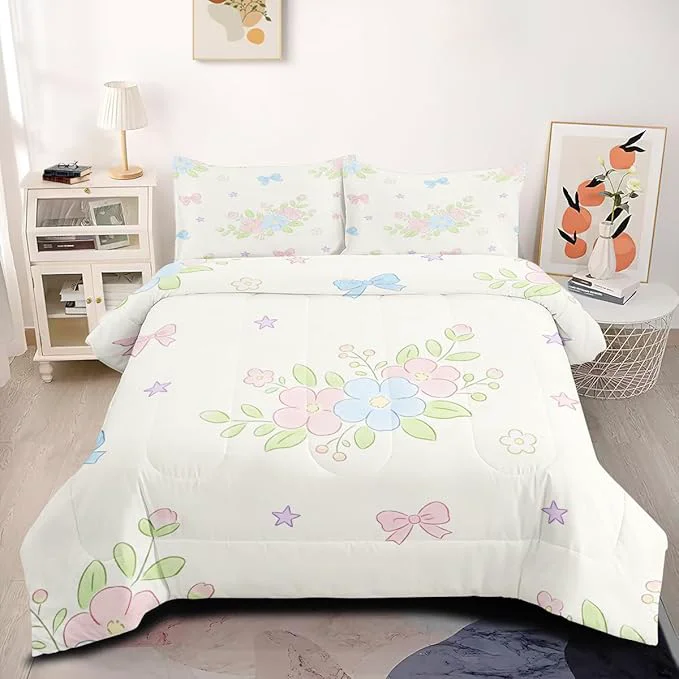 Artisan 3Pcs Cartoon White Botanical Floral Comforter Set for Girls Flowers Leaves Bedding Set King Size for All Seasons with 1 Comforter 104 quot x 90 quot 2 Pillowcases Quality