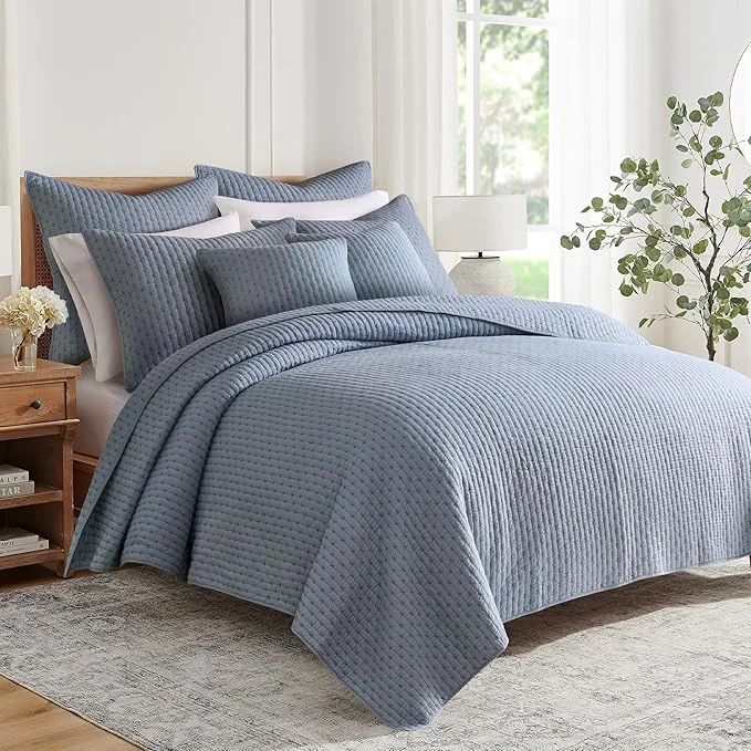 Premium Levtex Home - Cross Stitch Chambray Quilt Set - Full Queen Quilt Two Standard Pillow Shams - Cross Stitched Pattern - Quilt Size 88x92in and Pillow Sham Size 26x20in - Reversible - Cotton Fabric Professional