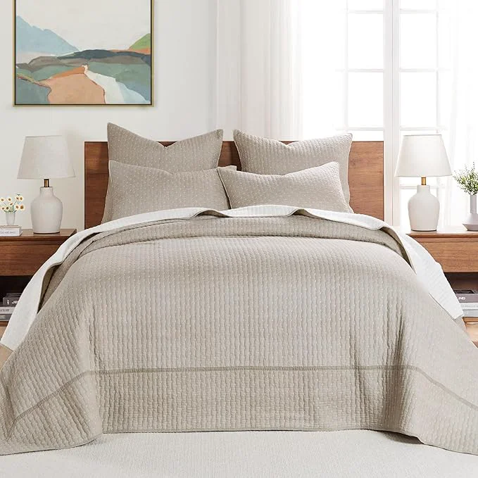 Pure Levtex Home Cross Stitch Reversible Queen Bedspread Set 104x106in with 2 Pillow Shams 26x20in - Stitch Texture - Taupe - Cotton Queen Size Bedspread Set - Lightweight Soft Pre-Washed Eco-Friendly