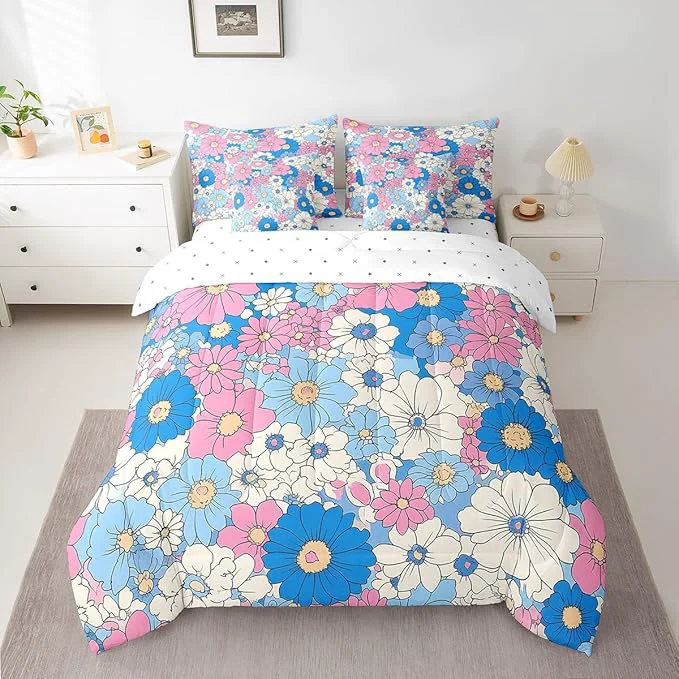 Reliable Groovy Flowers Comforter Set Bed in a Bag 7 Pieces Twin Red Hippie Flowers 70s 80s Floral Bedding Set Blue Pink Daisy Botanical Comforter Fitted Flat Sheet 2 Pillowcases 2 Throw Pillow Covers Elite