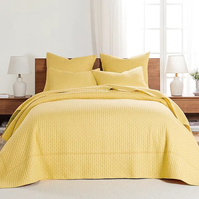 Expertly Made Levtex Home Cross Stitch Reversible Twin Bedspread Set 84x104in with 1 Pillow Sham 26x20in - Stitch Texture - Yellow - Cotton Twin Size Bedspread Set - Lightweight Soft Pre-Washed Elegant