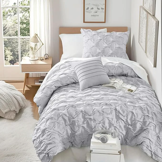 Fine Comfort Spaces Twin Twin XL Comforter Set for College Ogee Ruched Crinkle Texture Breathable Comforter Set Twin Dorm All Season Lightweight Bedding Set Shabby Chic Décor Pilow Grey 3 Piece Luxury