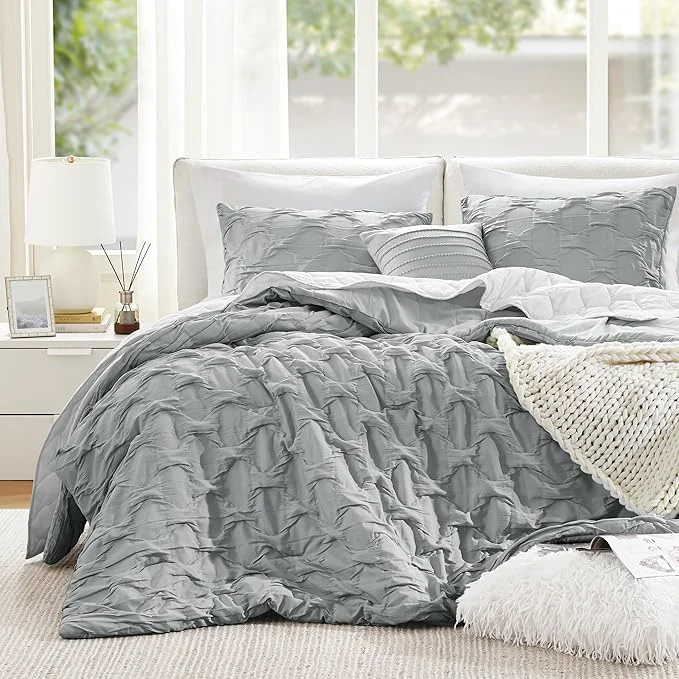 First-Class Comfort Spaces Comforter for King Size Bed Ogee Ruched with Crinkle Texture Breathable Comforter Set King All Season Lightweight Bedding Set Shams Décor Pilow King Cal King Gray 4 Piece Crafted