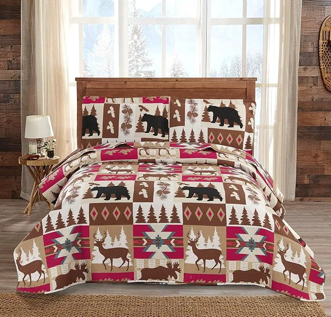 Classic Ycosy Rustic Quilt Set Twin Size 68 quot x86 quot Bed Spread Lodge Lightweight Coverlet Reversible Bedding Cover Deer Bear Bedspreads Set with Elk Moose 1 Quilt 2 Pillow Shams Genuine